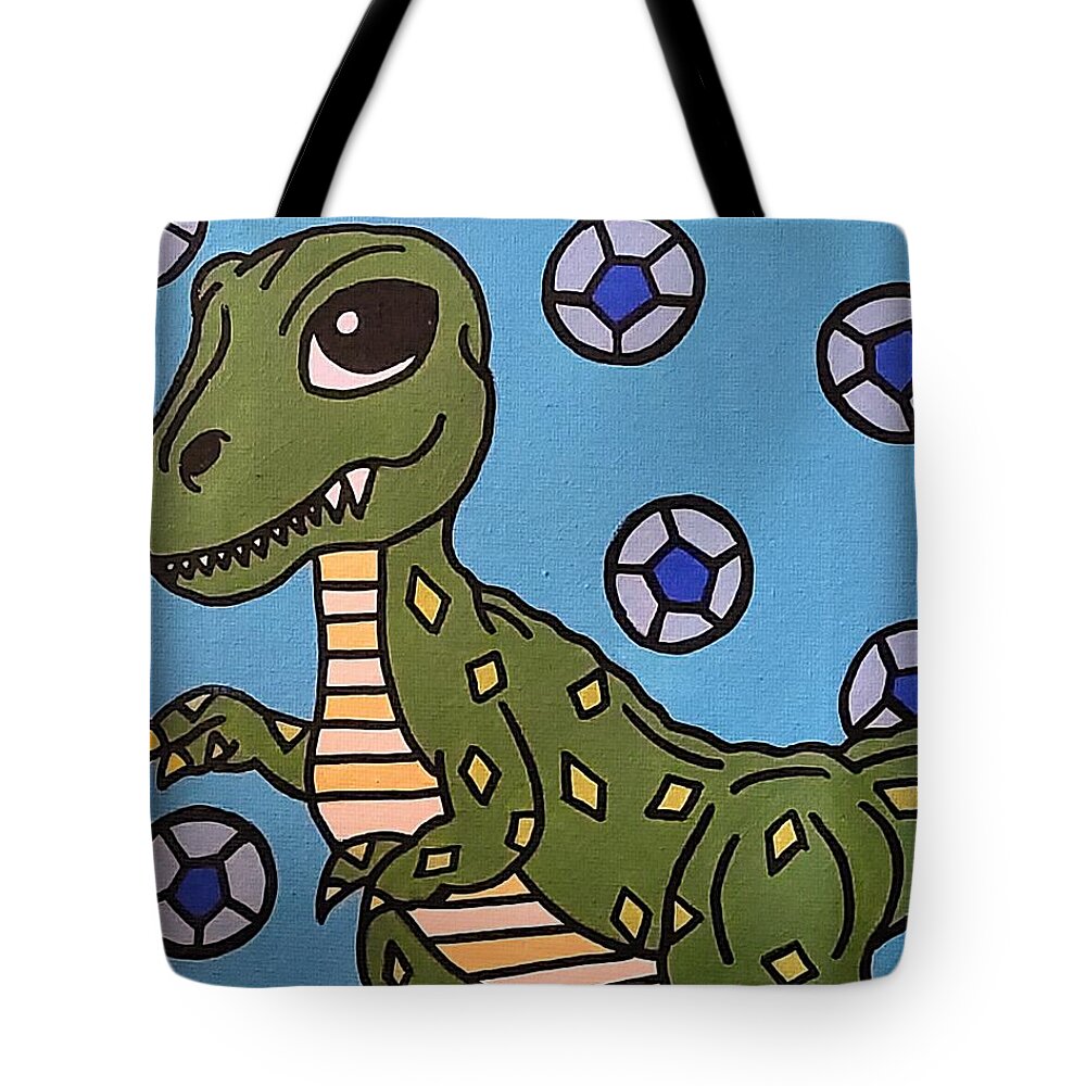 T-rex Tote Bag featuring the painting Bend it Like T-Rex by Elena Pratt