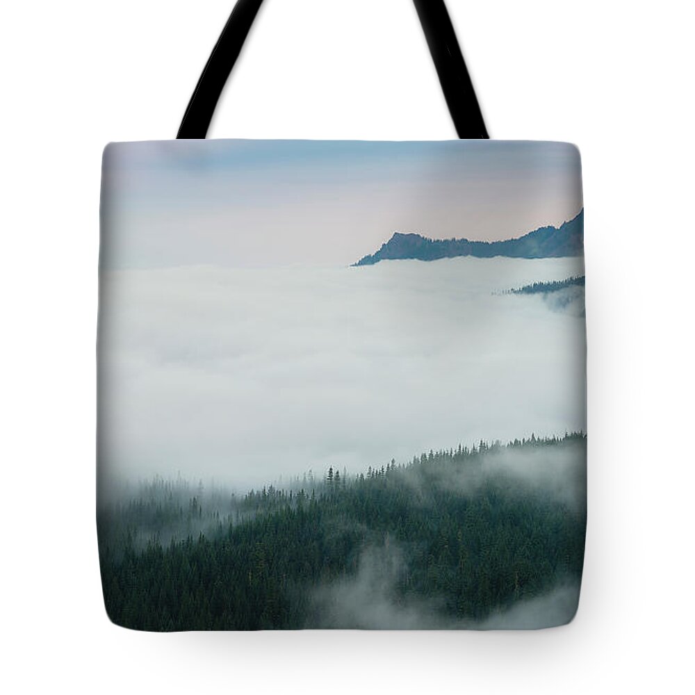 Mount Rainier Tote Bag featuring the photograph Beneath the Shadow by Ryan Manuel