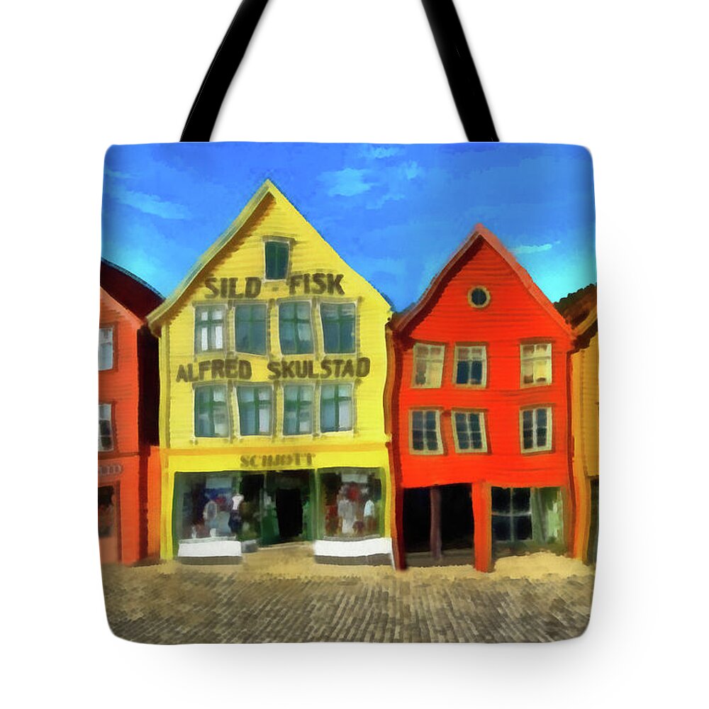 Bergen Norway Tote Bag featuring the painting Bergen Norway by George Rossidis