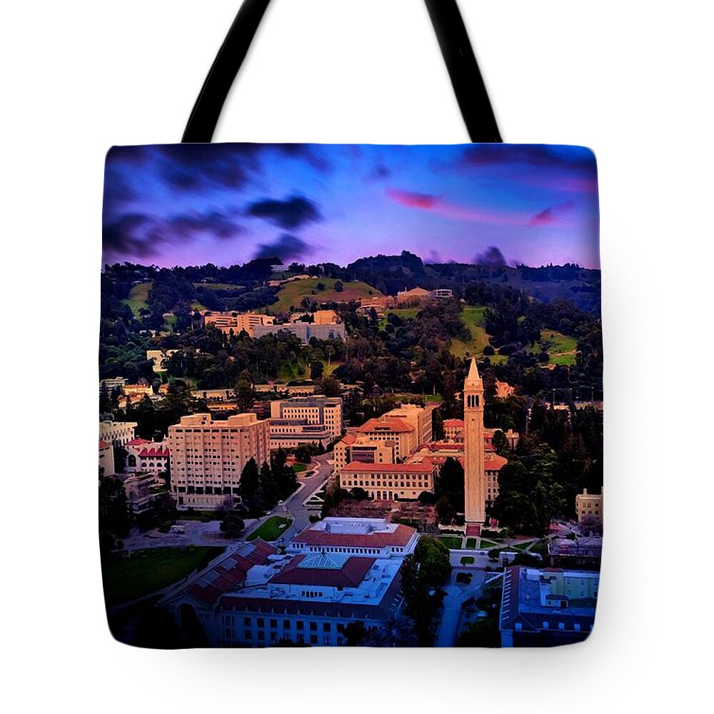 Berkeley Tote Bag featuring the digital art Berkeley University of California campus - aerial at sunset by Nicko Prints