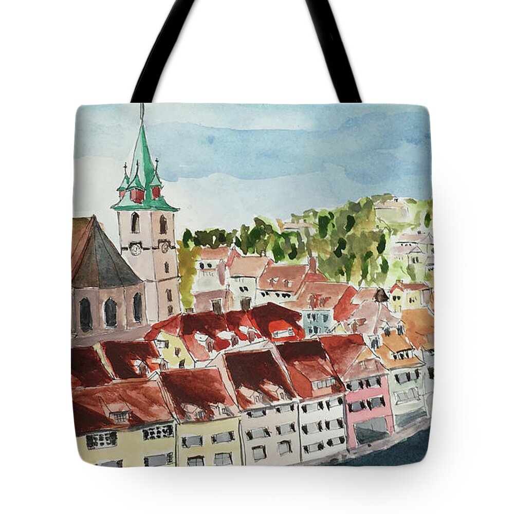 Watercolor Tote Bag featuring the painting Bern, Switzerland by Tracy Hutchinson