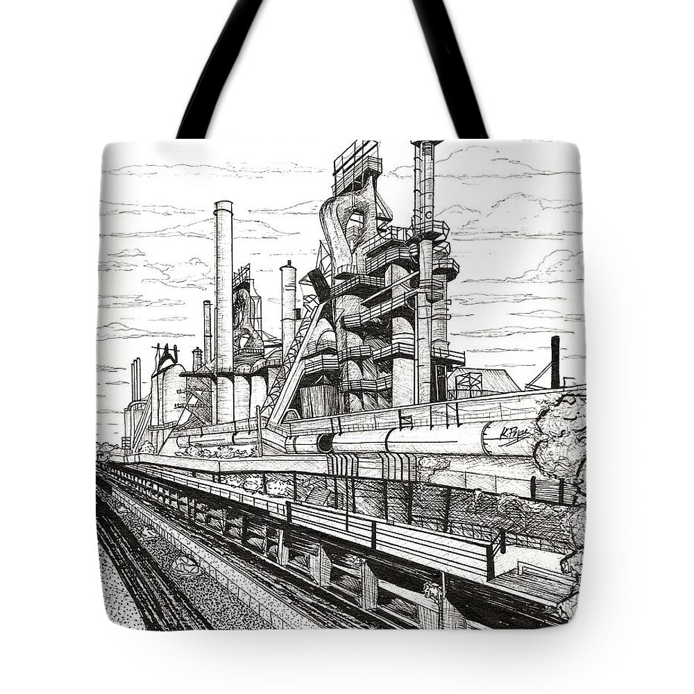 Bethlehem Tote Bag featuring the painting Industrial Elegance Bethlehem Steel Stacks Close-Up by Kenneth Pope