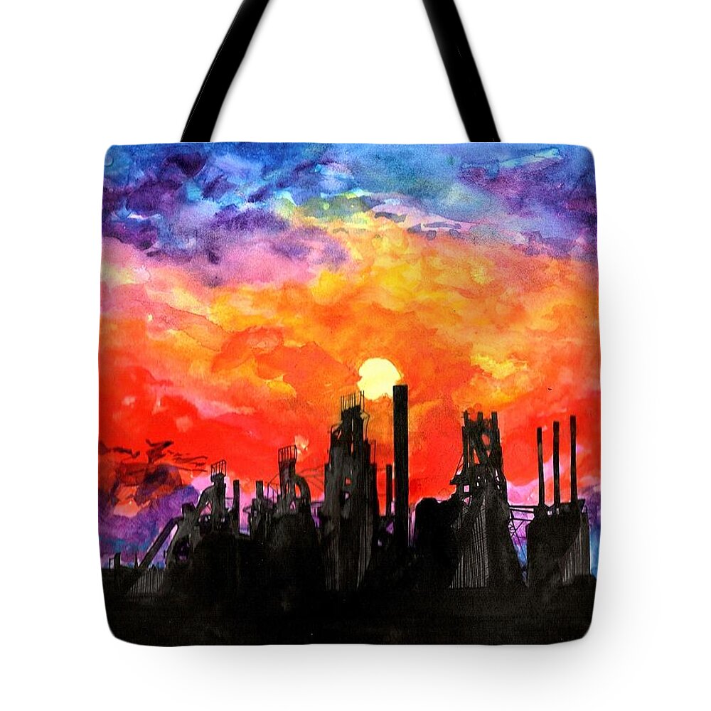 Bethlehem Tote Bag featuring the painting Industrial Sunset Serenade by Kenneth Pope