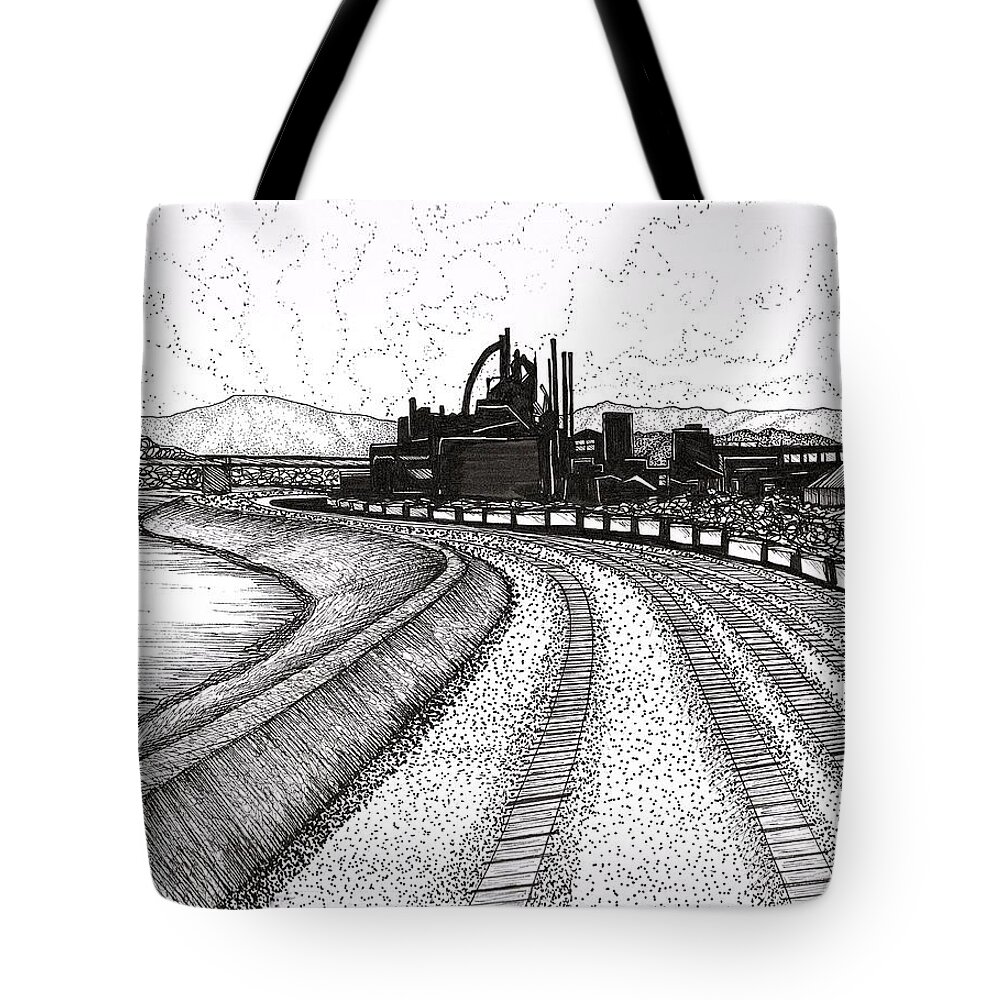 Bethlehem Tote Bag featuring the drawing Steel Symphony Bethlehem Steel Stacks by Kenneth Pope