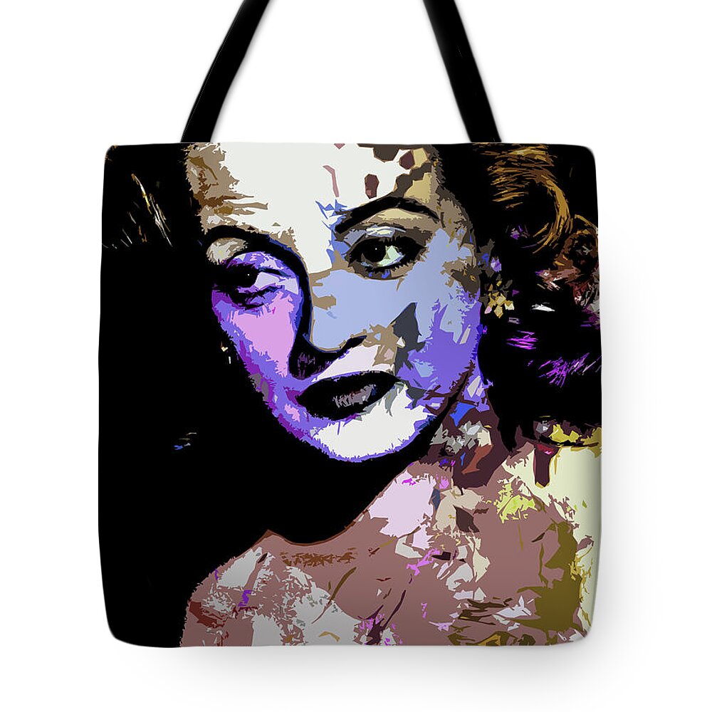 Bette Davis Tote Bag featuring the digital art Bette Davis - 3 psychedelic portrait by Movie World Posters
