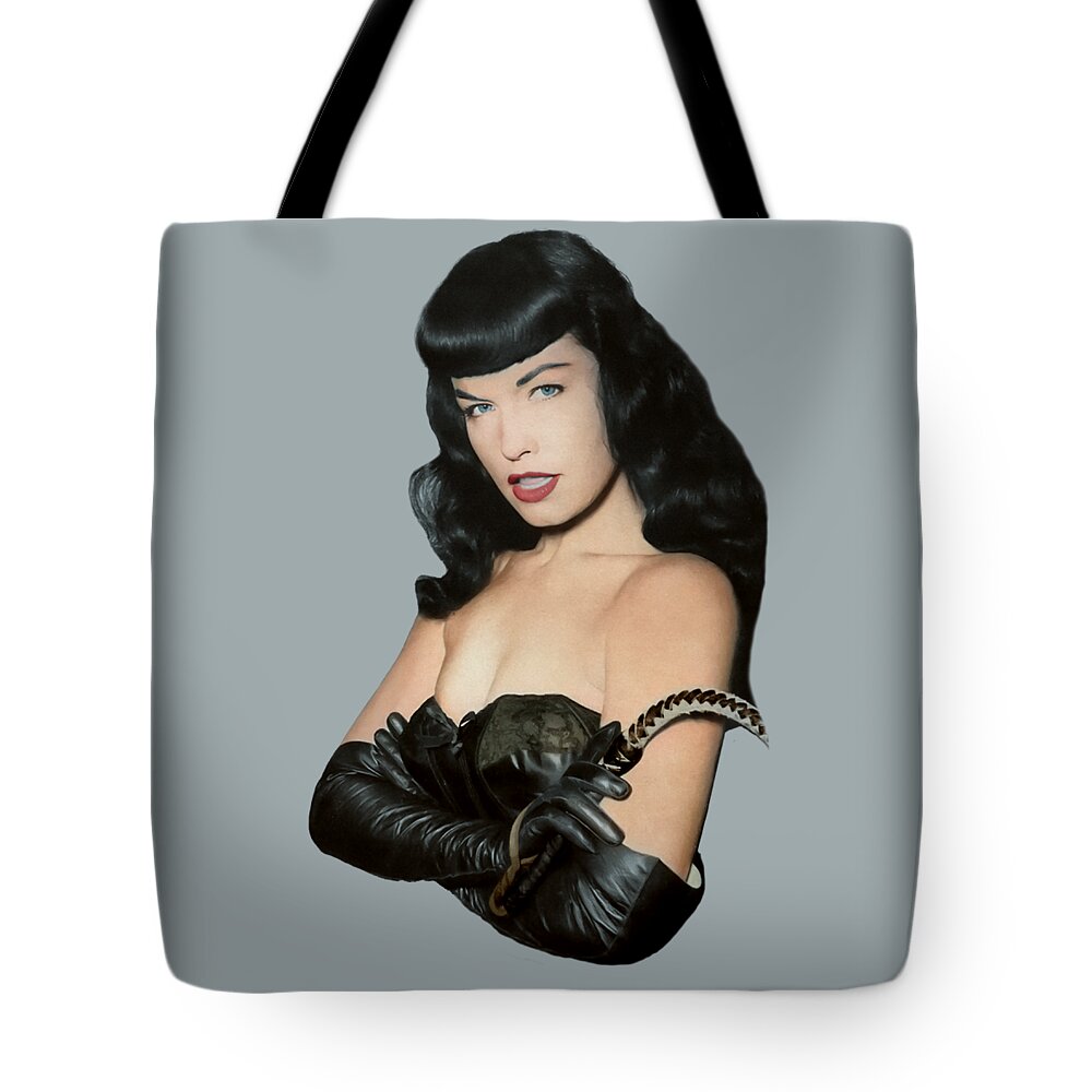 Pinup Tote Bag featuring the photograph Bettie Page and her Whip by Franchi Torres