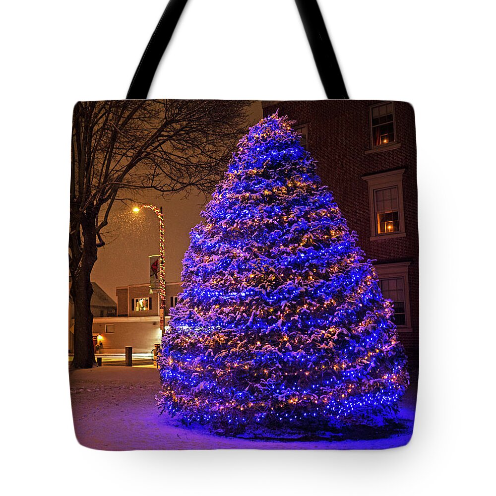 Beverly Tote Bag featuring the photograph Beverly MA Christmas Tree Downtown Beverly Cabot Street Winter Snowstorm by Toby McGuire