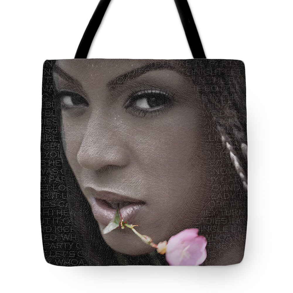 Luciano Pavarotti Tote Bag featuring the painting Beyonce Knowles And Lyrics by Tony Rubino