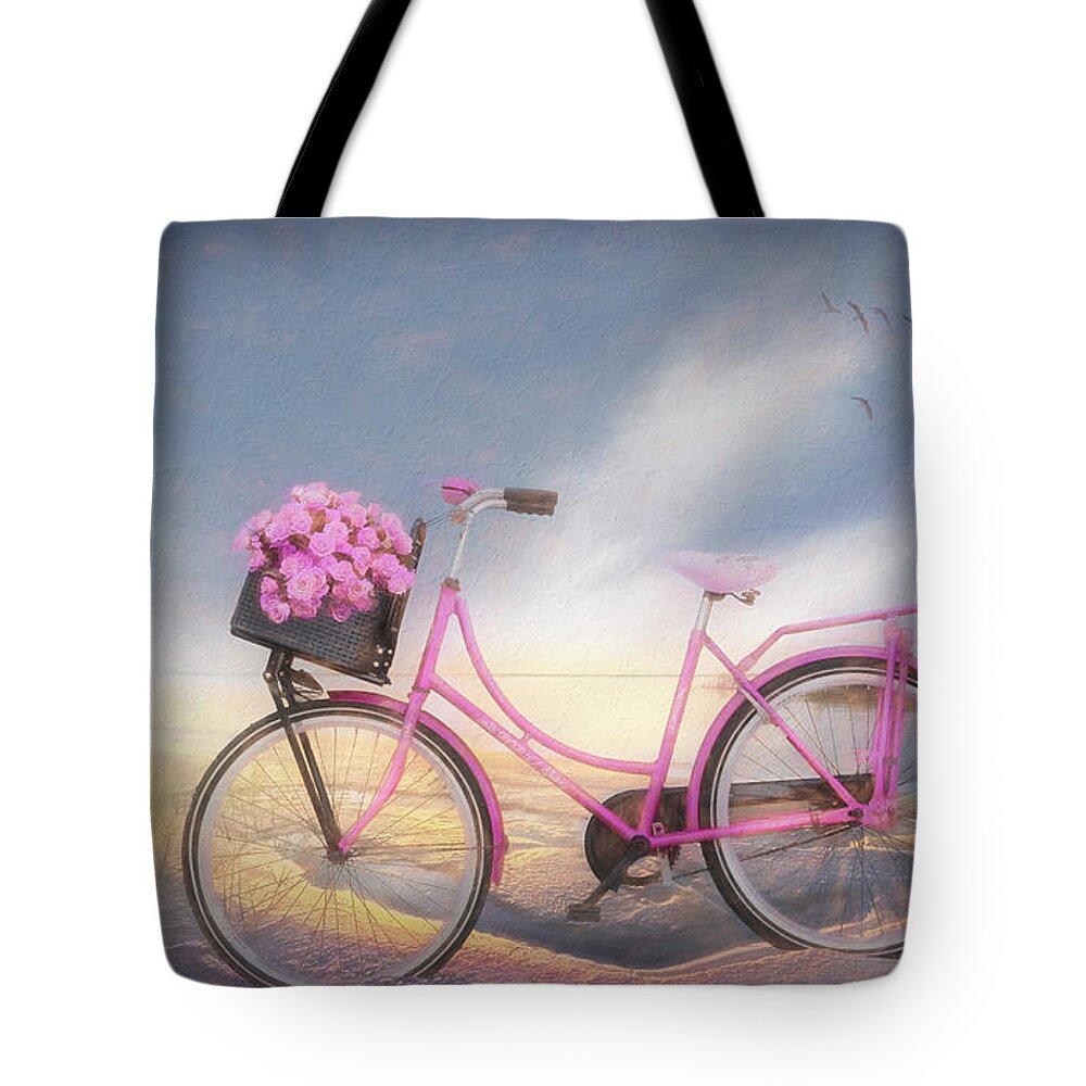 Bike Tote Bag featuring the photograph Bicycle at the Lake Beach Painting by Debra and Dave Vanderlaan