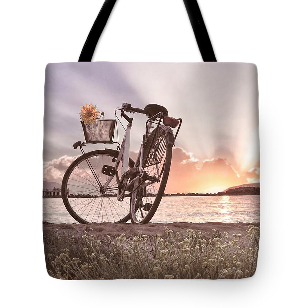 Bike Tote Bag featuring the photograph Bicycle at the Shore Cottage by Debra and Dave Vanderlaan