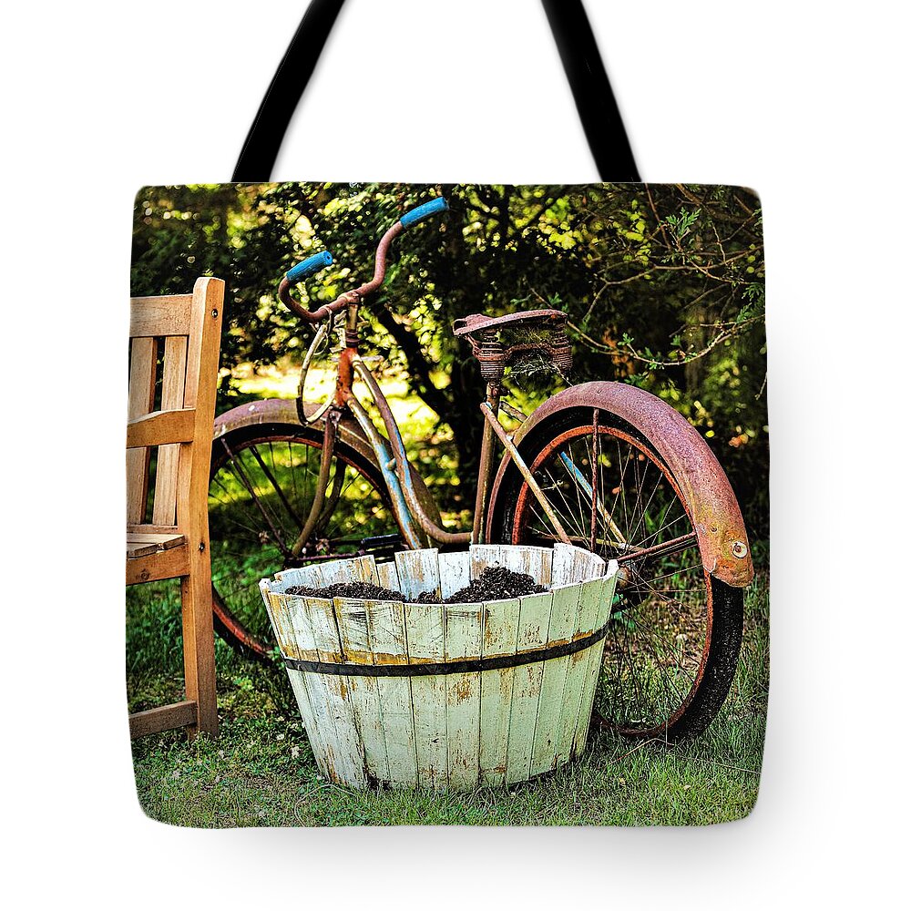Bench Bicycle Tote Bag featuring the photograph Bicycle Bench1 by John Linnemeyer