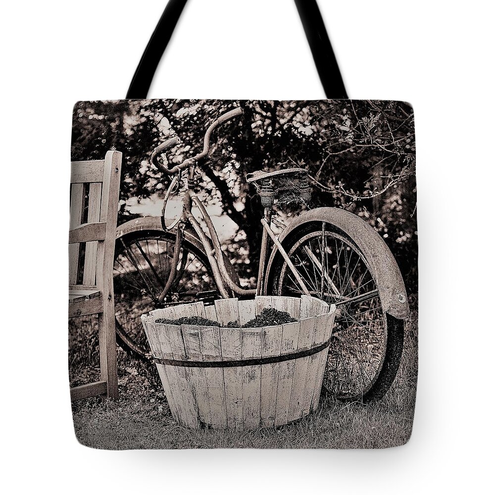 Bicycle Bench B&w Tote Bag featuring the photograph Bicycle Bench2 by John Linnemeyer