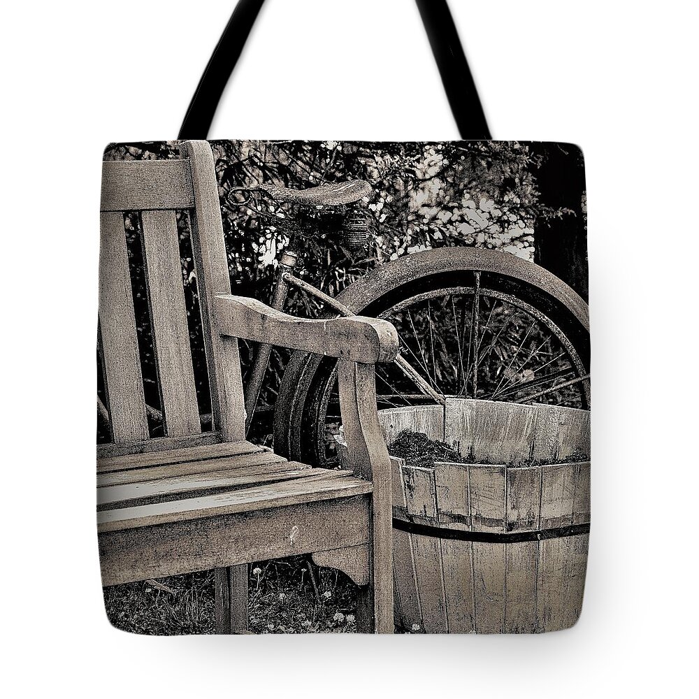 Bicycle Bench B&w Tote Bag featuring the photograph Bicycle Bench4 by John Linnemeyer