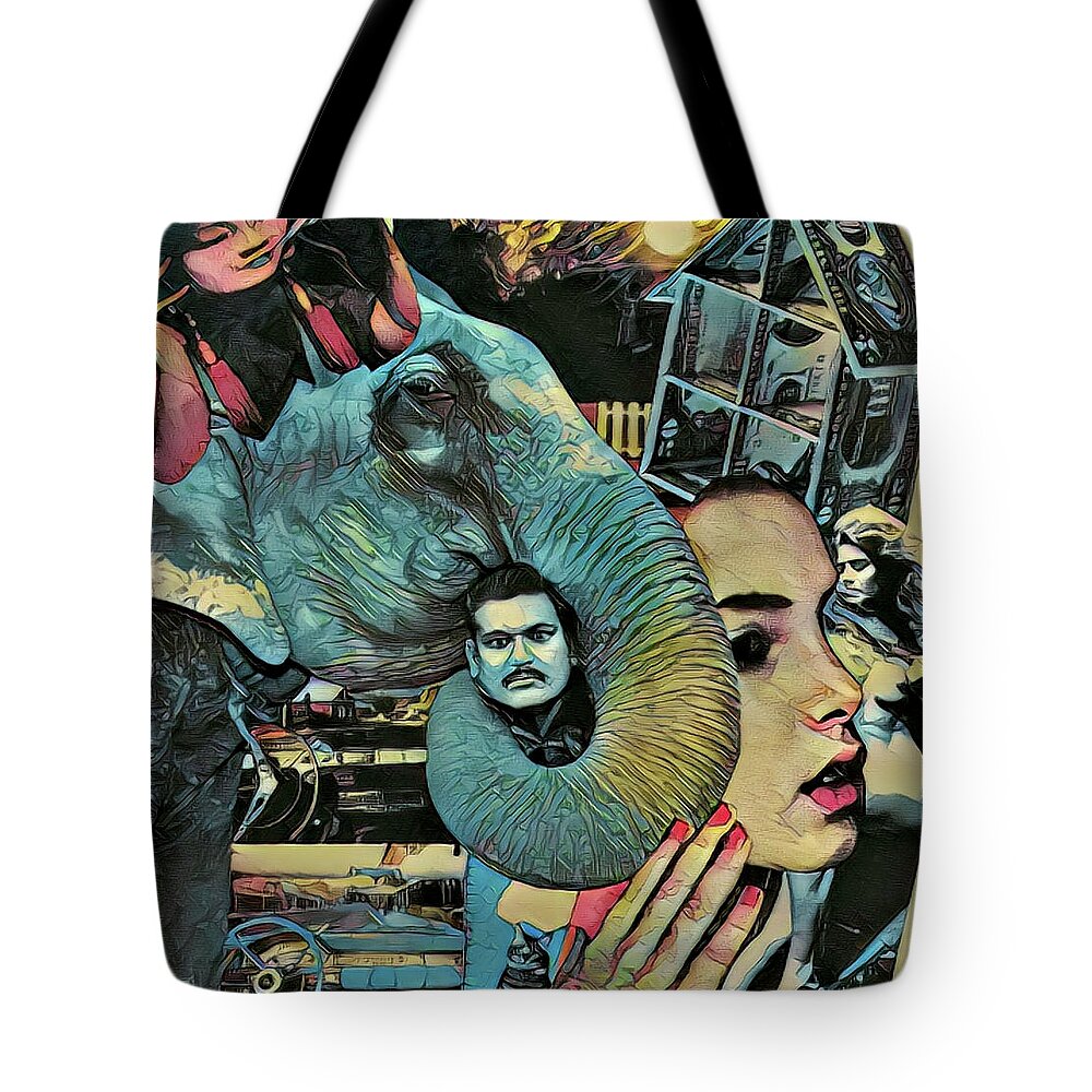Blue Elephant Tote Bag featuring the mixed media Big Blue Elephant Taking Man For A Car Ride by Debra Amerson