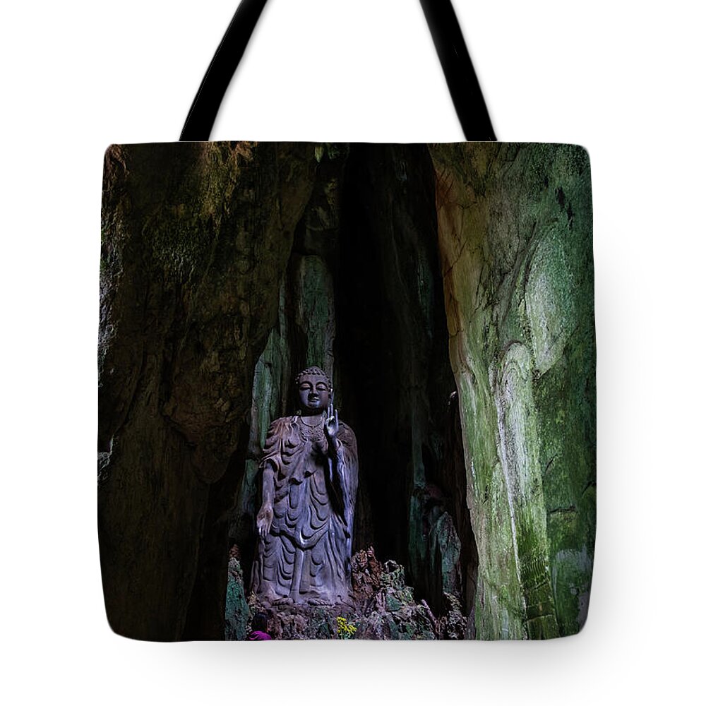 Ancient Tote Bag featuring the photograph Big Buddha Inside Marble Mountain by Arj Munoz