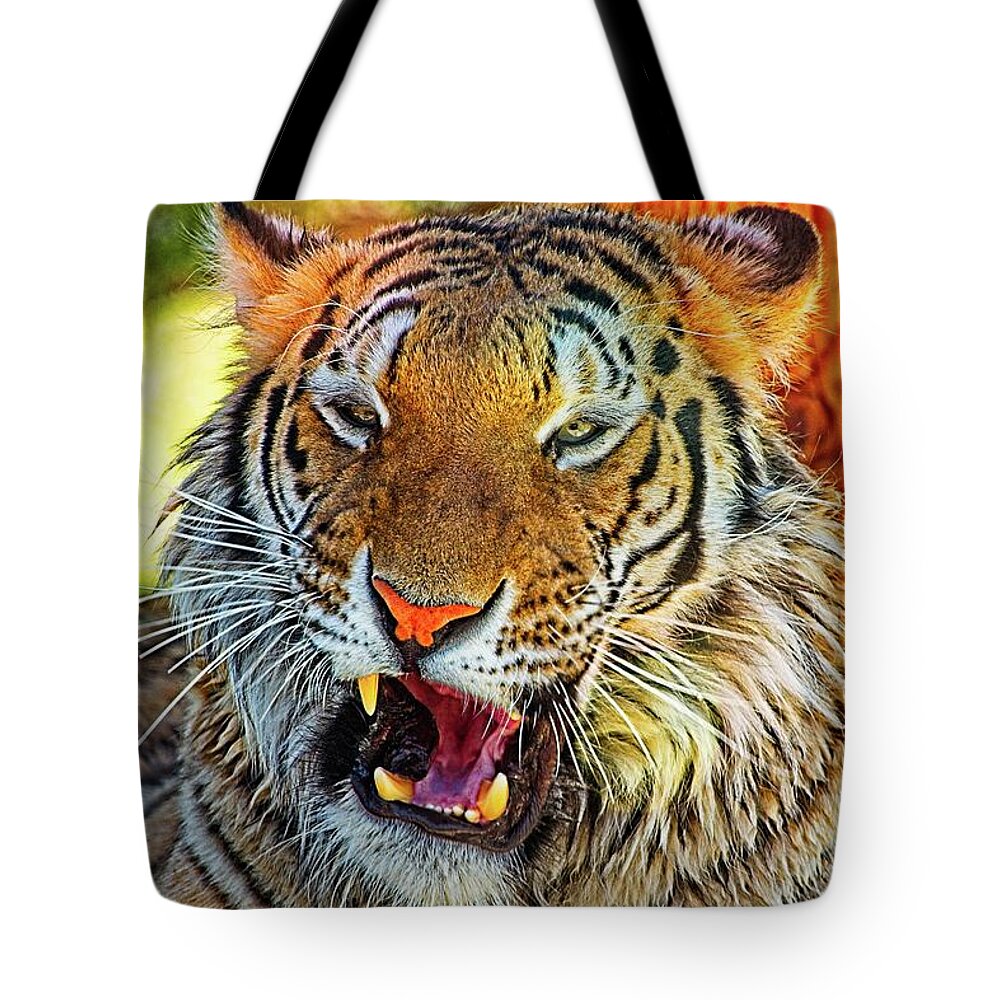 Animal Tote Bag featuring the photograph Big Cat Yawning by David Desautel