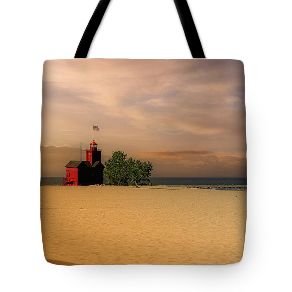 Sunset Tote Bag featuring the photograph Big Red Lighthouse by G Lamar Yancy