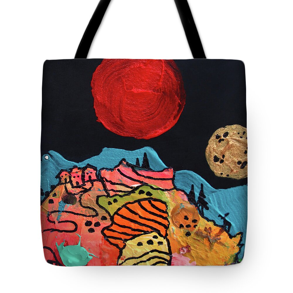 Strange Tote Bag featuring the painting Big Red Sun by Madeline Dillner