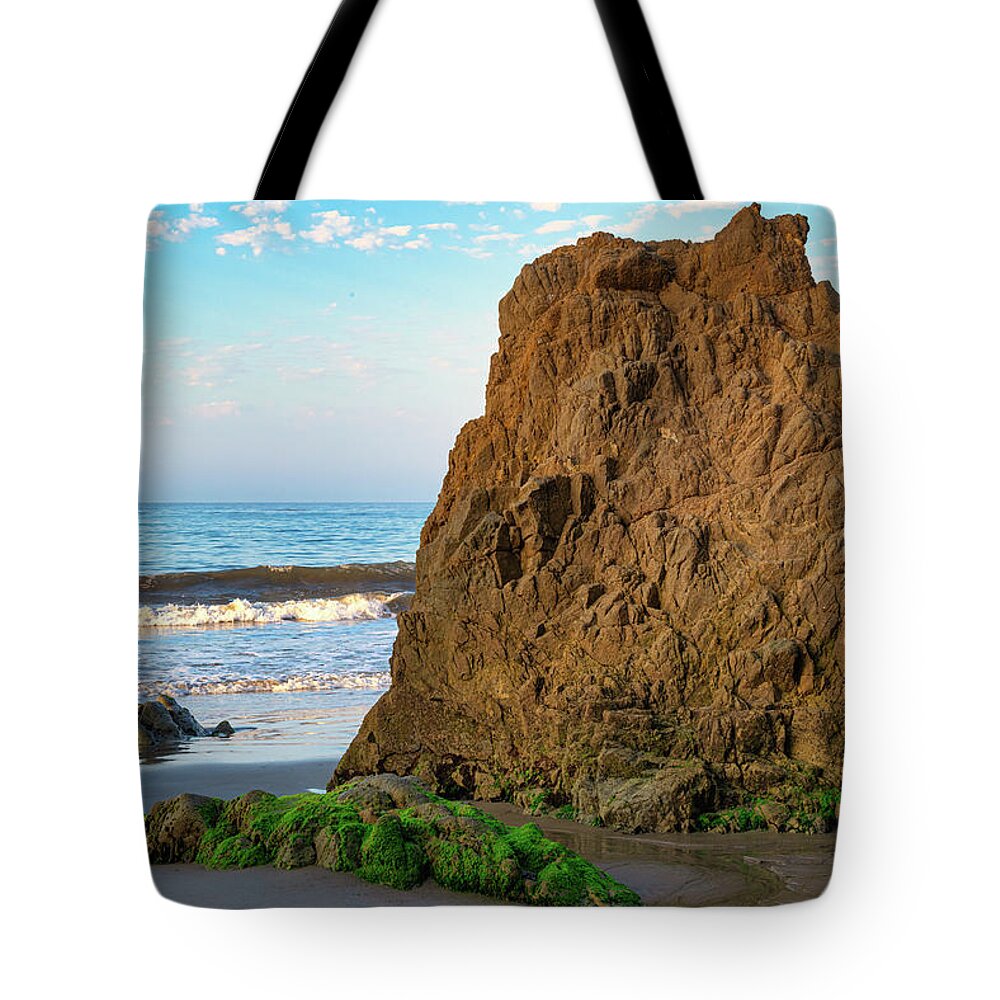 Beach Tote Bag featuring the photograph Big Rock on the Malibu Shoreline by Matthew DeGrushe