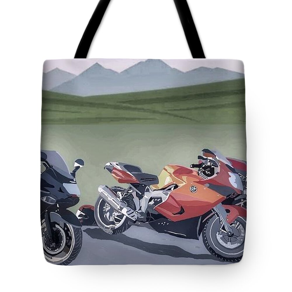 Motorbike Tote Bag featuring the digital art Bike Run by John Mckenzie