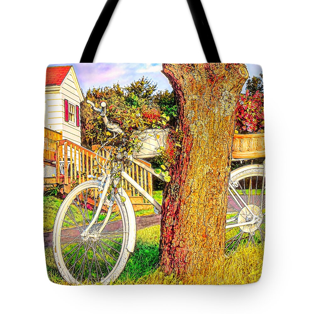 Bike Tote Bag featuring the digital art Bike with flowers by Tatiana Travelways