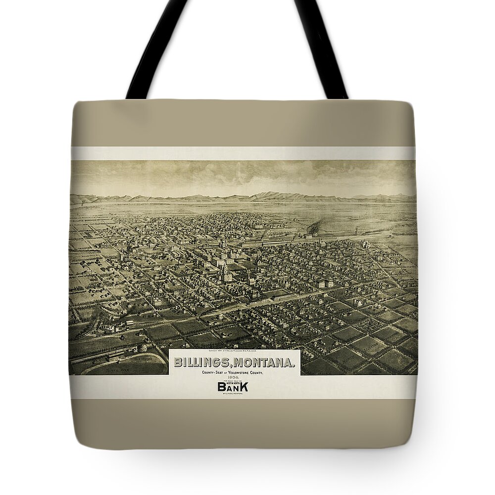 Billings Tote Bag featuring the photograph Billings Montana Antique Map Birds Eye View 1904 by Carol Japp