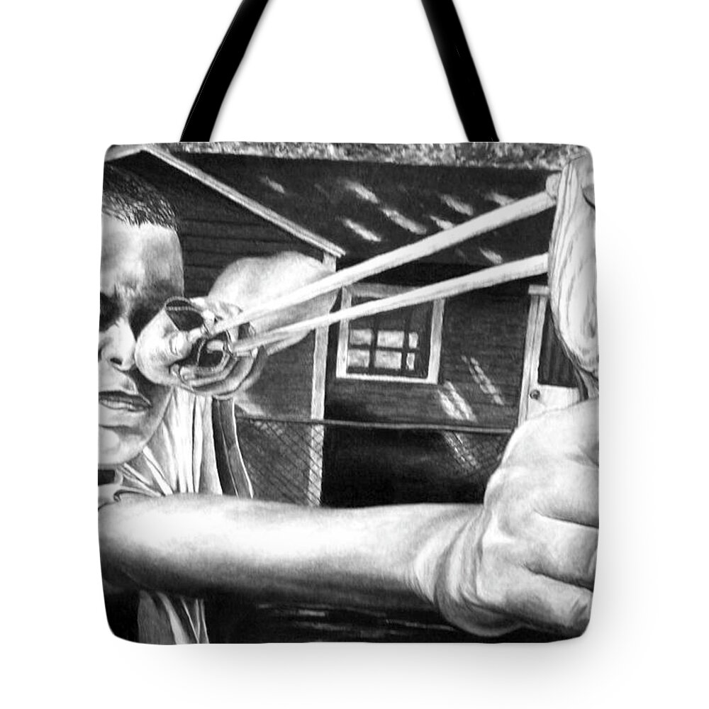 Billy's Slingshot Aim Pencil Drawing Black White Boy Play House Child Tote Bag featuring the drawing Billy's Slingshot Aim by Kasey Jones