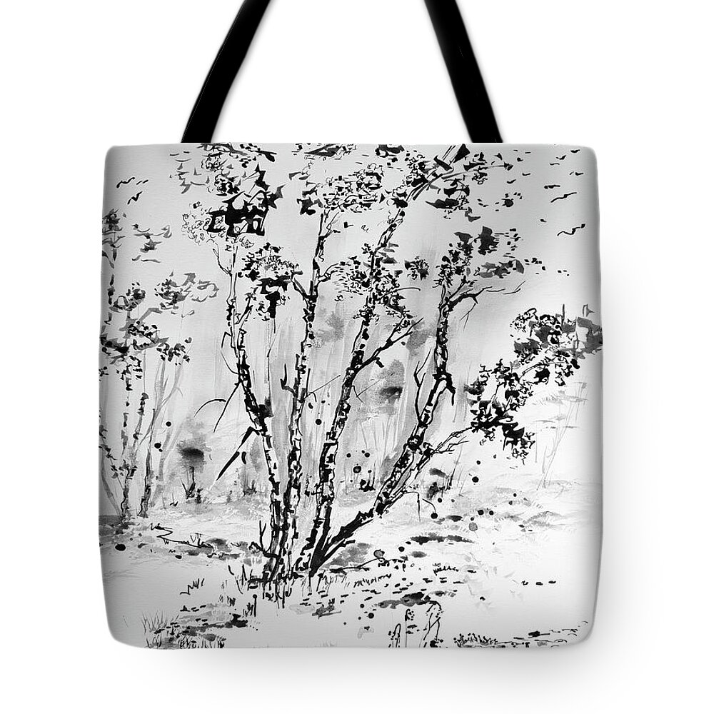 Trees Drawings Tote Bag featuring the drawing Birch Trees Black Ink Drawing by Ginette Callaway
