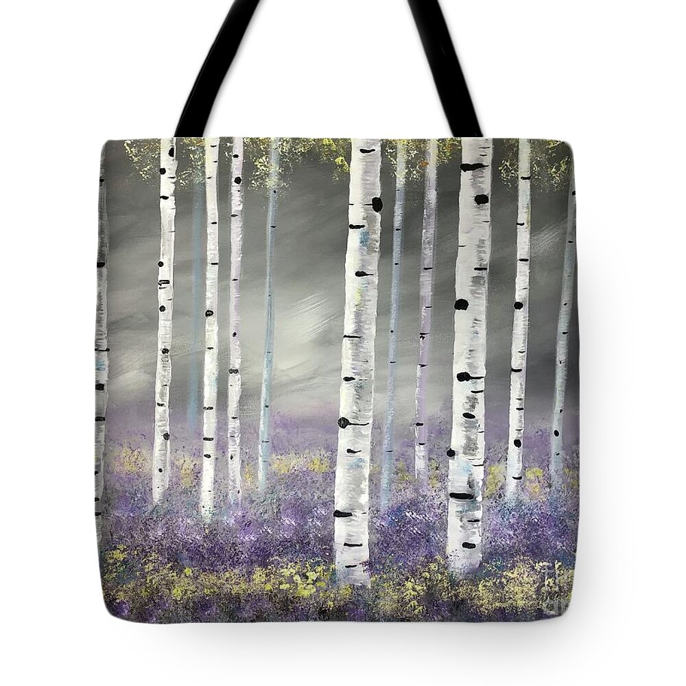 Birches Tote Bag featuring the painting Birches in Spring by Stacey Zimmerman