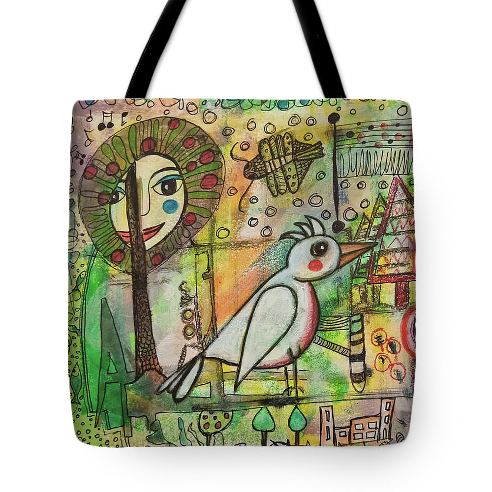 Bird Tote Bag featuring the mixed media BIRD and APPLETREE by Mimulux Patricia No