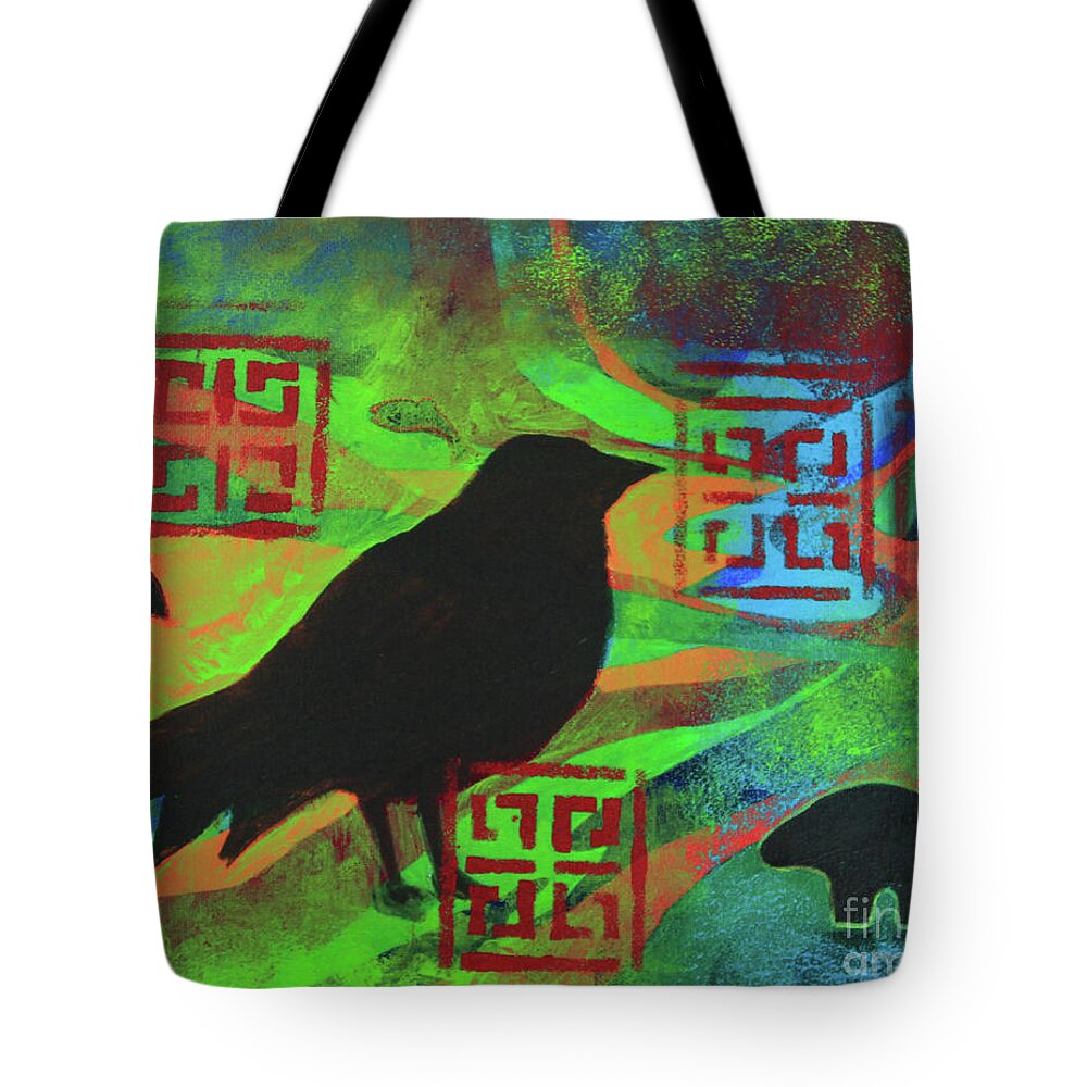  Tree Tote Bag featuring the painting Bird of Mystery by Jeanette French