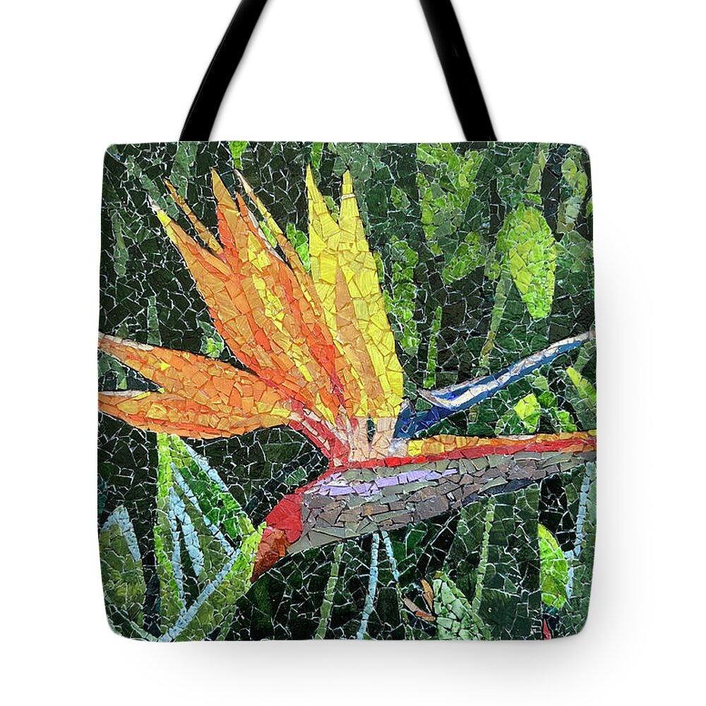 Mosaic Tote Bag featuring the mixed media Bird of Paradise by Matthew Lazure