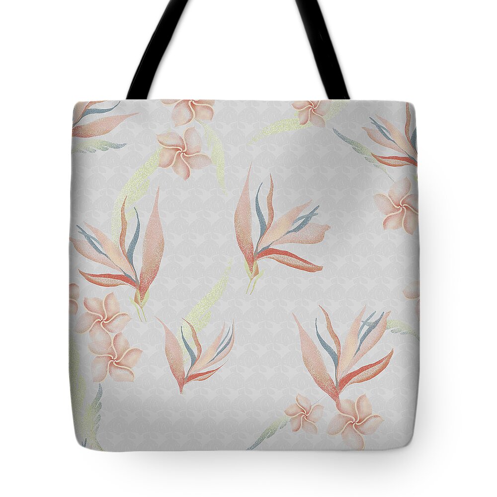 Bird Of Paradise Tote Bag featuring the digital art Bird of Paradise with Plumeria Blossoms Floral Print by Sand And Chi