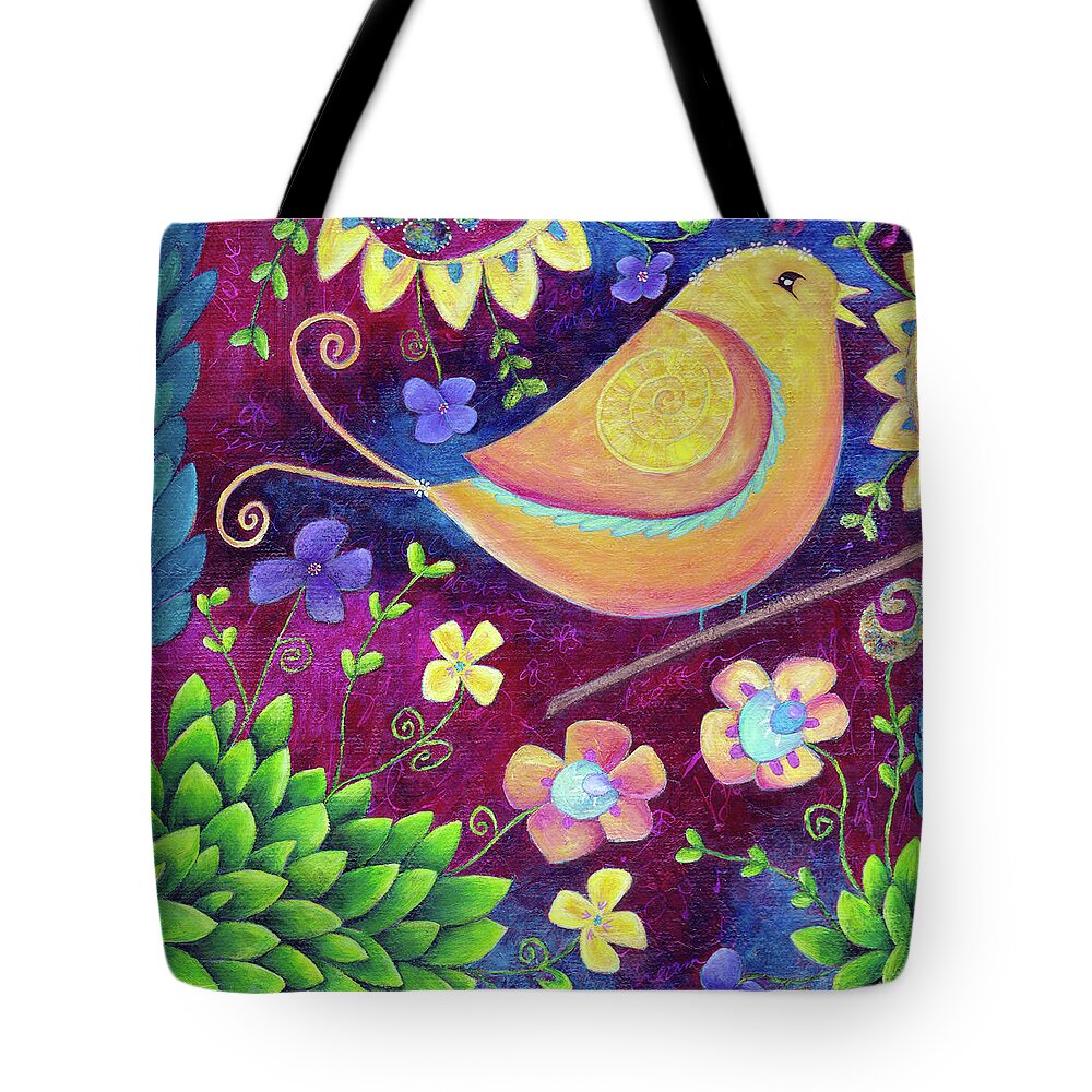 Happy Tote Bag featuring the painting Bird Song by Sunshyne Joyful