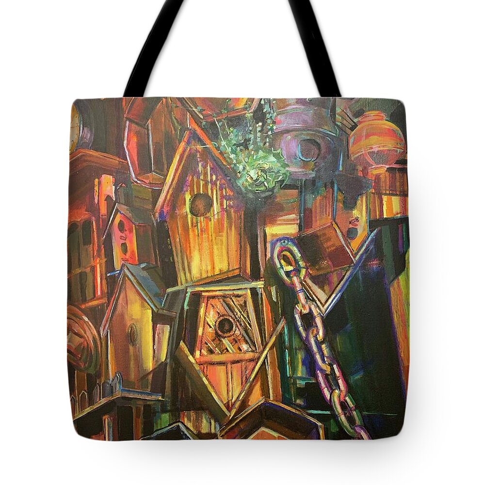Clocks Tote Bag featuring the painting Birdhouse by Try Cheatham