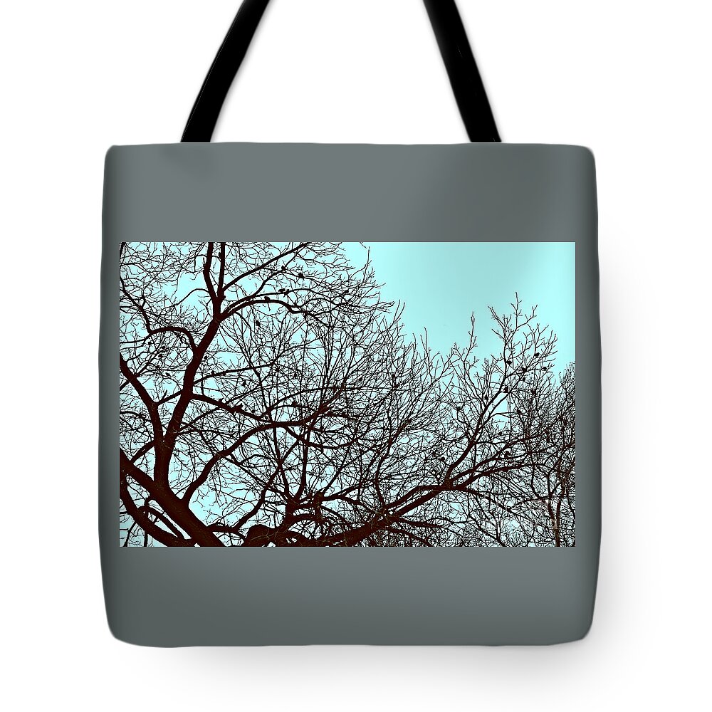 Nature Tote Bag featuring the photograph Birds in the Silhouetted Tree by Frank J Casella