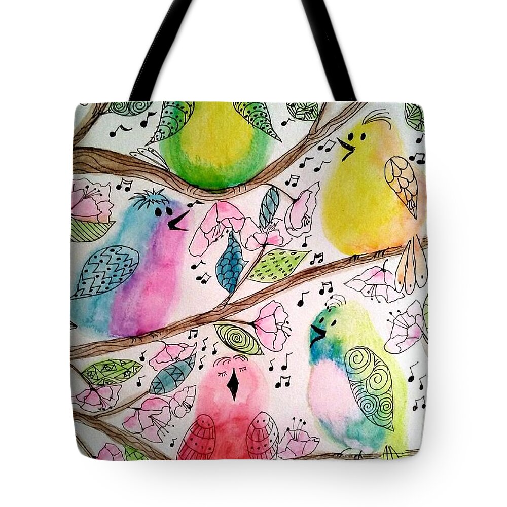 Birds Tote Bag featuring the painting Birds on Branches by Mindy Gibbs