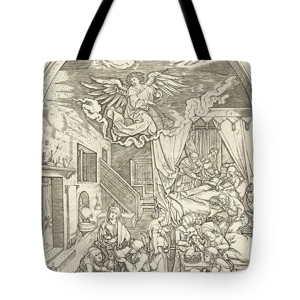 Antique Tote Bag featuring the painting Birth of Mary, Marcantonio Raimondi, after Albrech by MotionAge Designs
