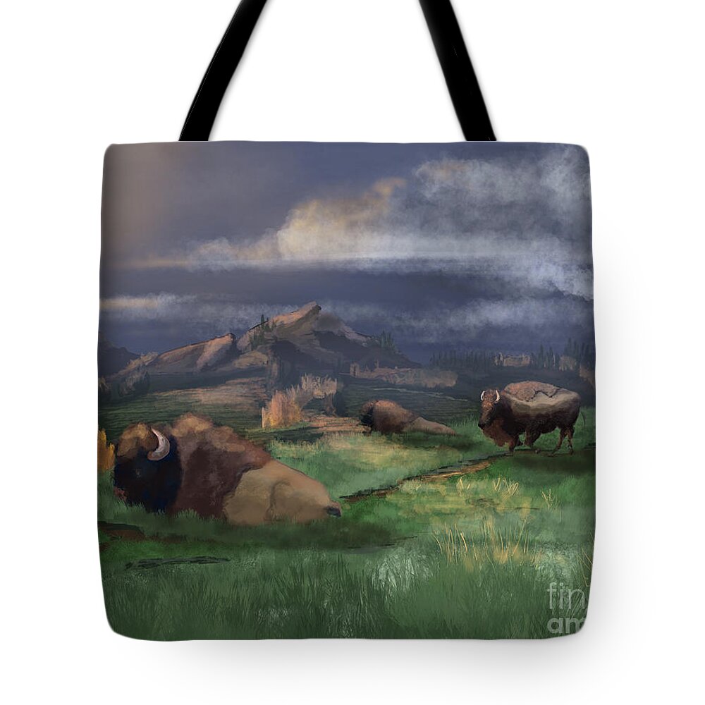 Bison Tote Bag featuring the digital art Bison Rest by Doug Gist