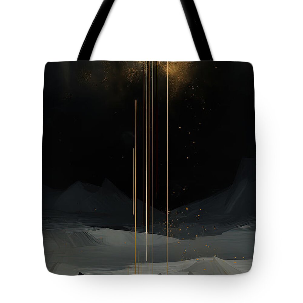 Black And Gold Moonlit Landscape Art Tote Bag featuring the painting Black and Gold Moonlit Landscape Art by Lourry Legarde