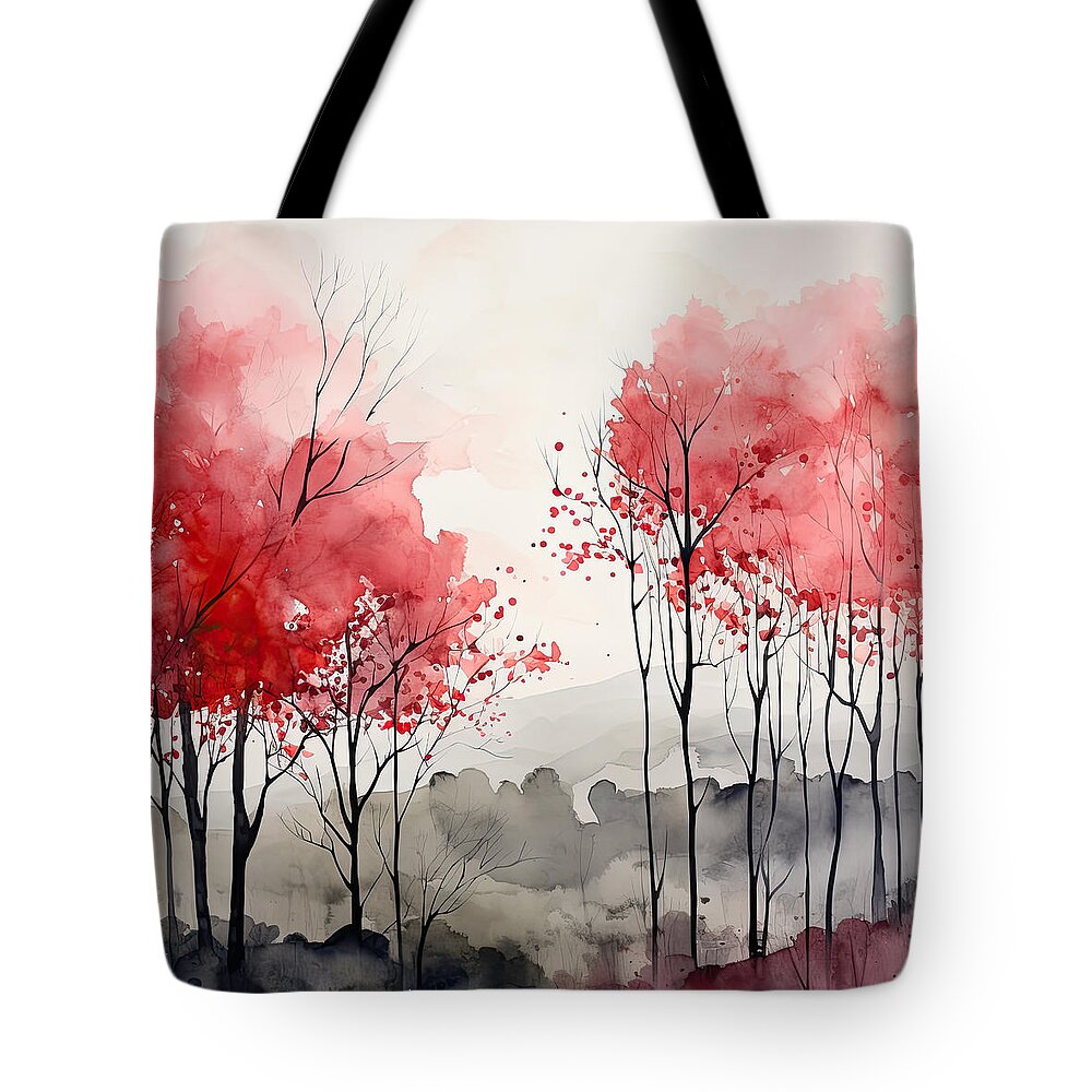Red And Gray Tote Bag featuring the painting Black and Red Modern Landscapes by Lourry Legarde