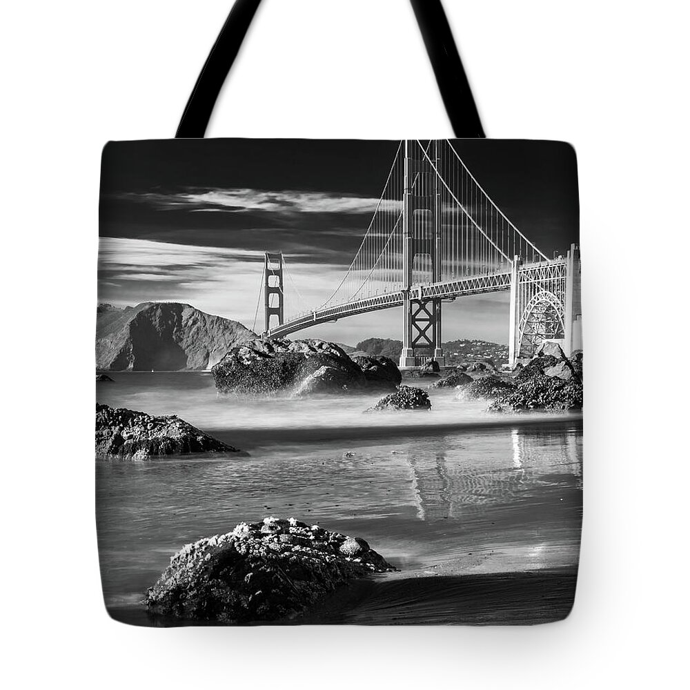Golden Gate Tote Bag featuring the photograph Black and White Gate by Bryan Xavier