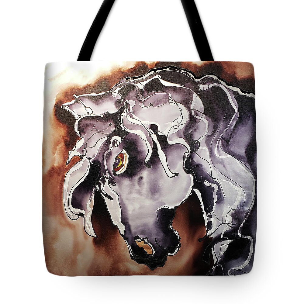 Hand Painted Silk Tote Bag featuring the painting Black and white horse at dusk by Karla Kay Benjamin