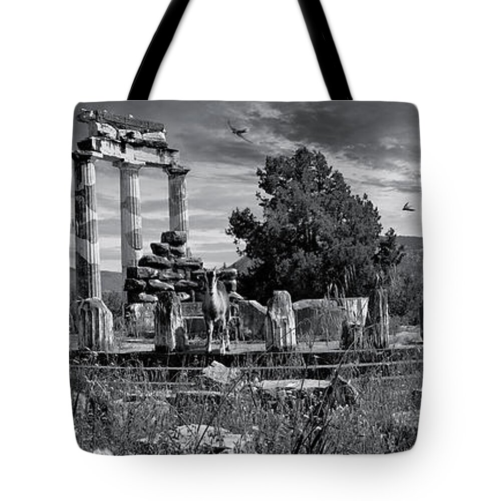 Delphi Tholos Tote Bag featuring the photograph Sacred Stone - Black and white photo of Delphi Tholos by Paul E Williams