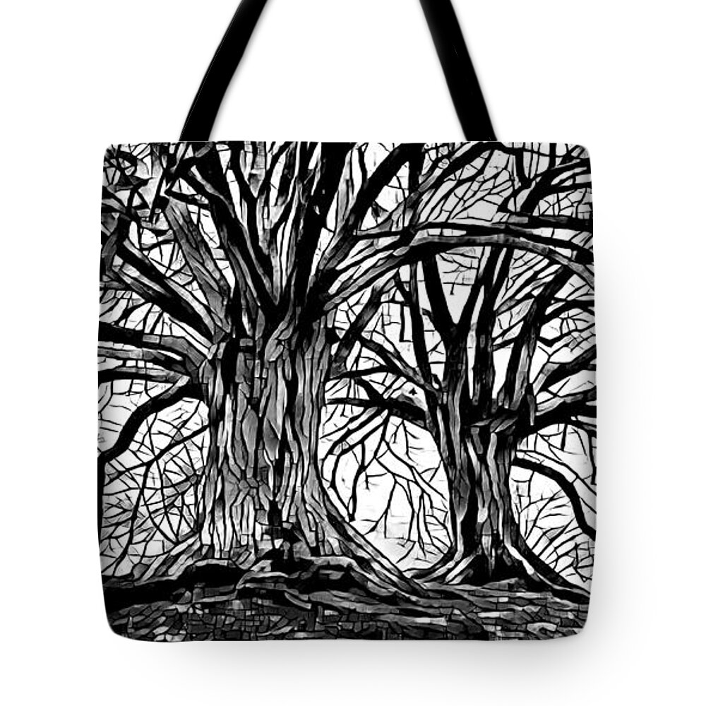 Tree Tote Bag featuring the mixed media Black and white Trees Design 259 by Lucie Dumas
