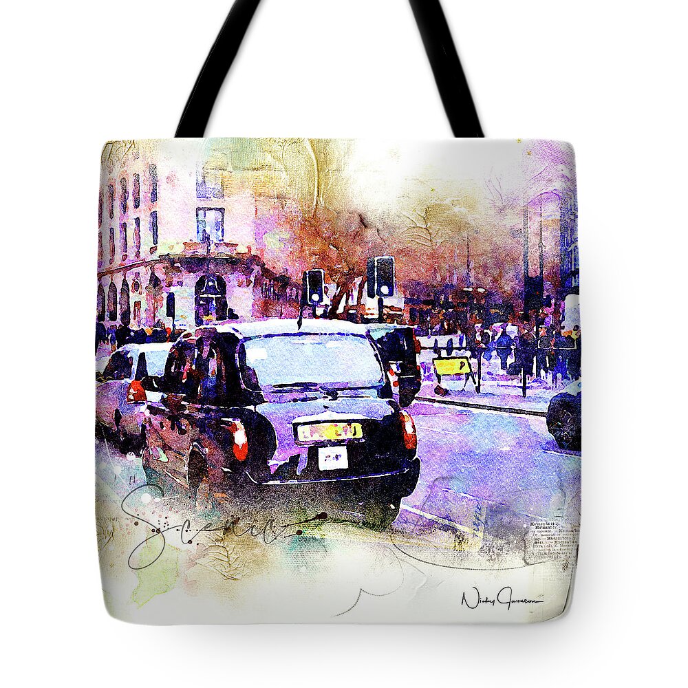 London Tote Bag featuring the mixed media Black Cab on Streets of London by Nicky Jameson