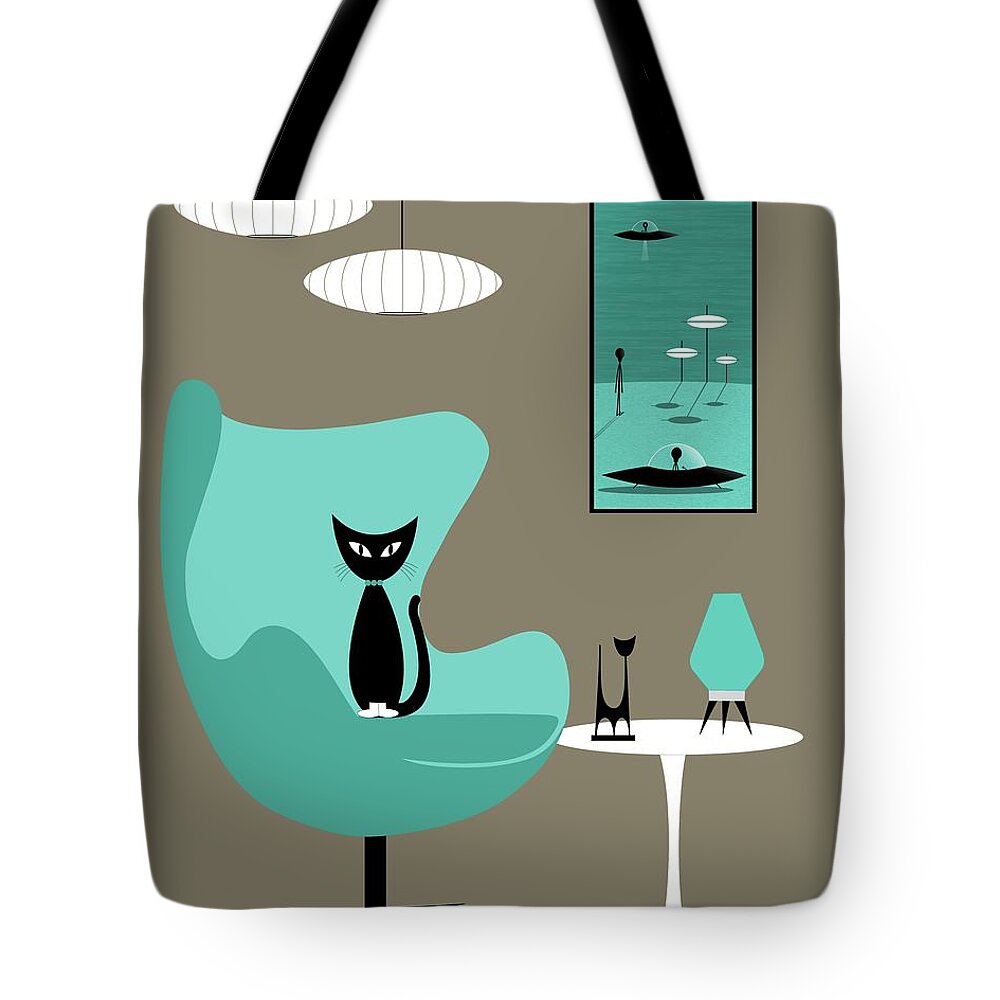 Mid Century Modern Tote Bag featuring the digital art Black Cat in Mid Century Egg Chair with Outer Space Artwork by Donna Mibus