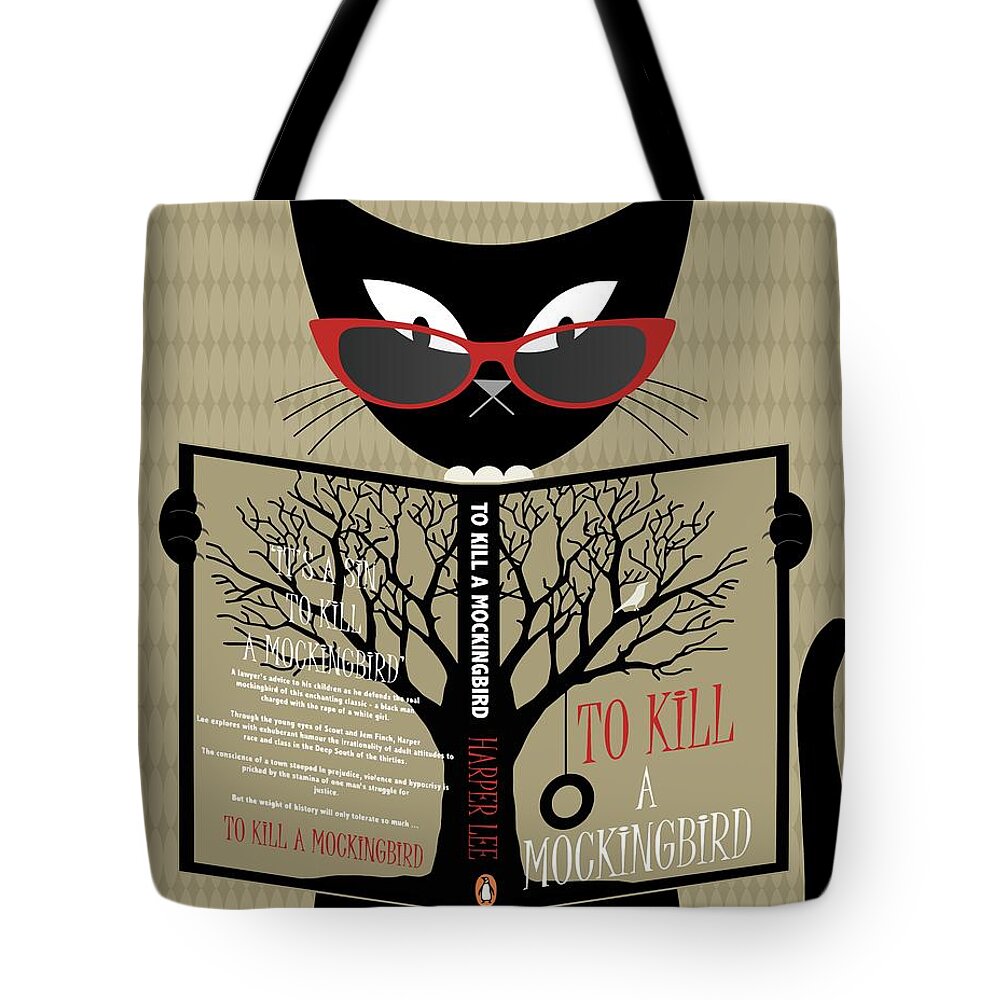 Cat Reads A Book Tote Bag featuring the digital art Black Cat Reads a Book by Donna Mibus