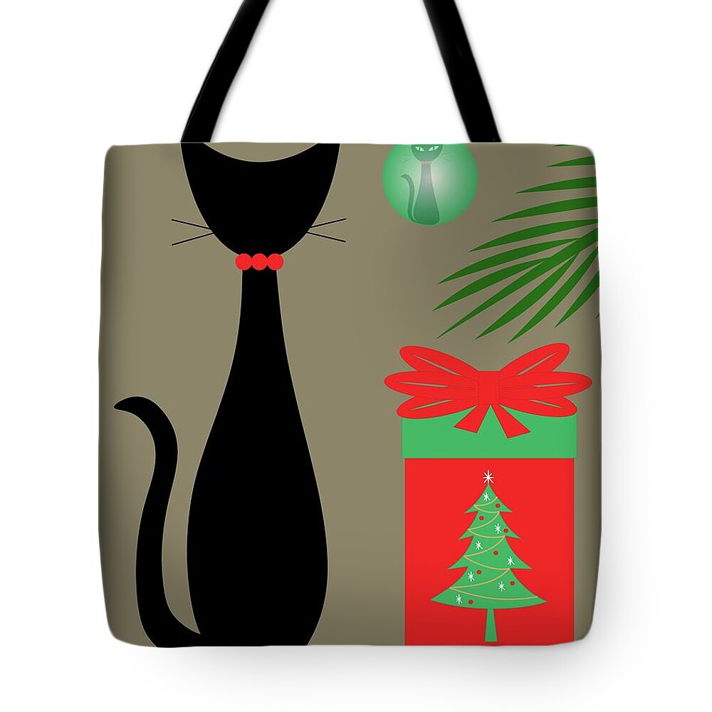 Mid Century Cat Tote Bag featuring the digital art Black Cat Reflection in Ornament by Donna Mibus