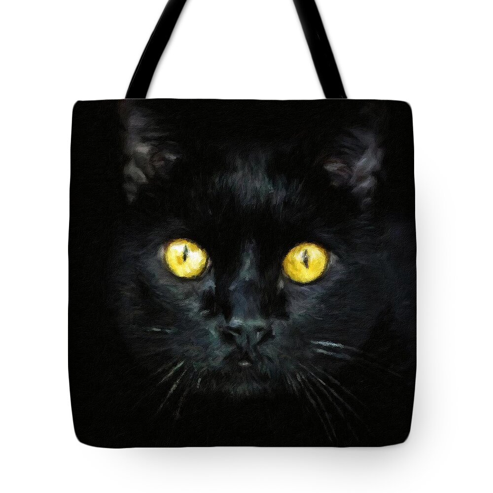 Black Cat Tote Bag featuring the painting Black Cat With Golden Eyes by Modern Art